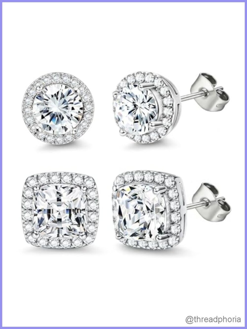 Stainless Steel CZ Halo Stud Earrings Set Hypoallergenic Push Back